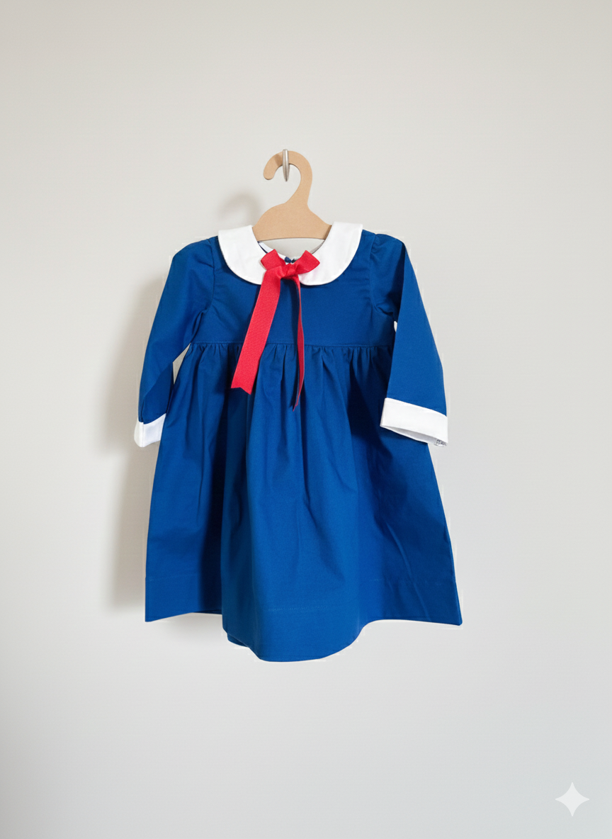 Royal Blue Madeline Inspired Dress with Peter Pan Collar & 3/4 length sleeves (MADE TO ORDER) 18/24 Months