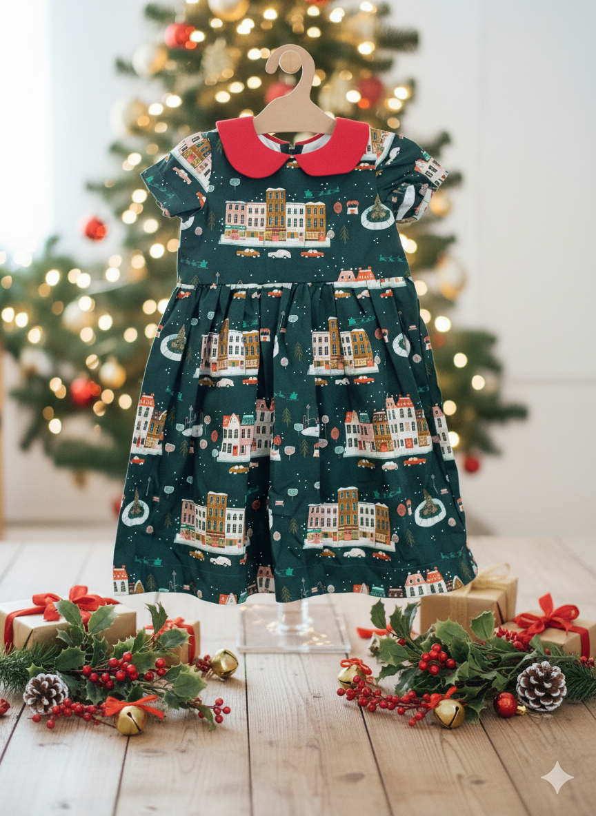 Children's dress with Christmas-themed pattern on a hanger in front of a decorated Christmas tree.