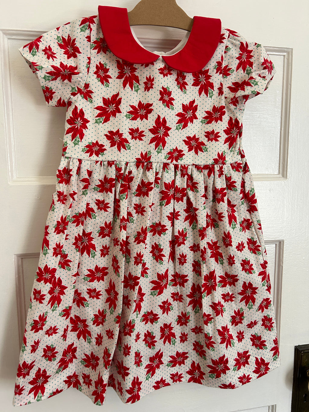 Red Poinsettia Dress with Light Blue Polka Dots (NEW) Size 7/8 - ready to ship