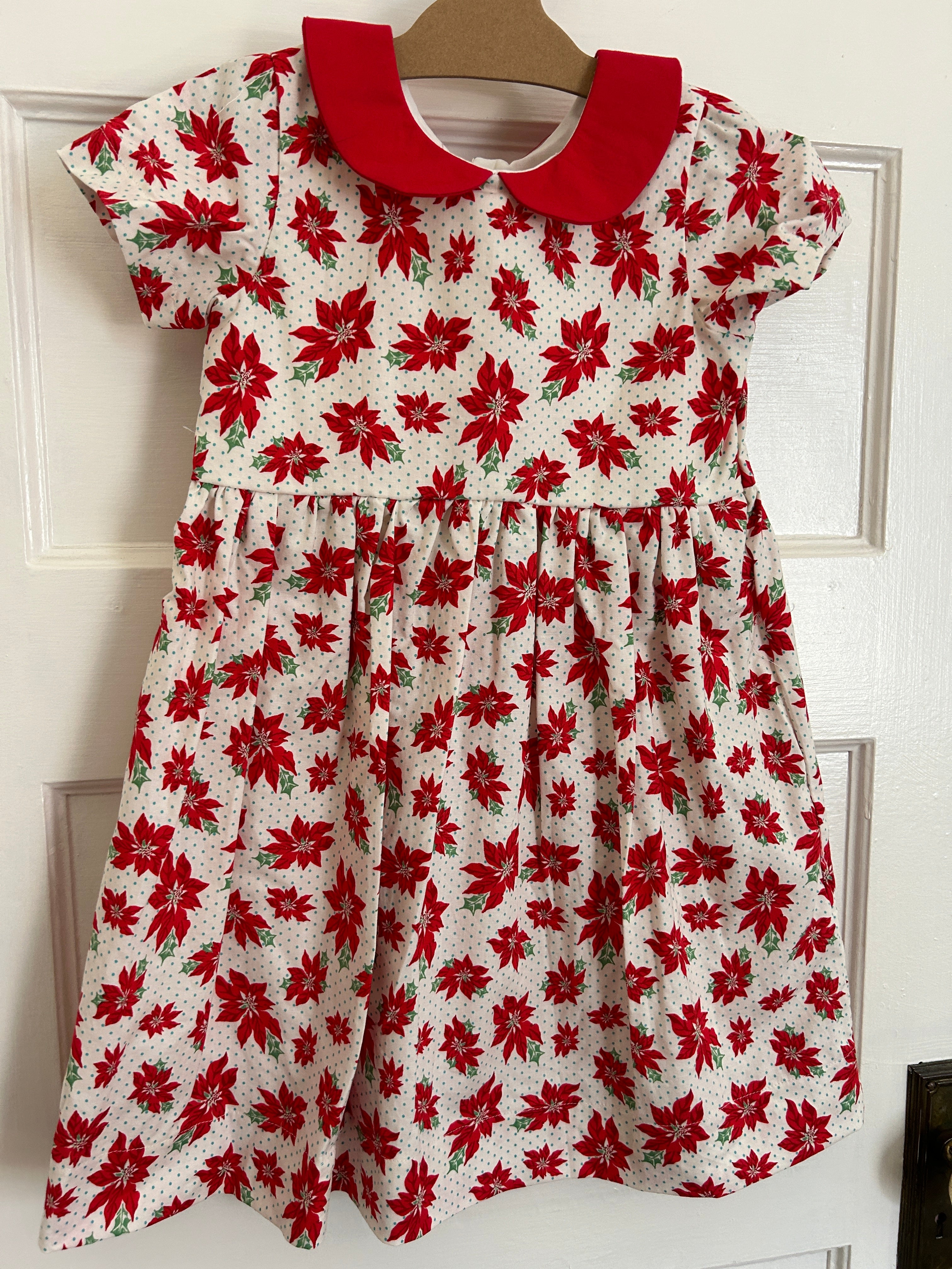 Red Poinsettia Dress with Light Blue Polka Dots (NEW) Size 7/8 - ready to ship