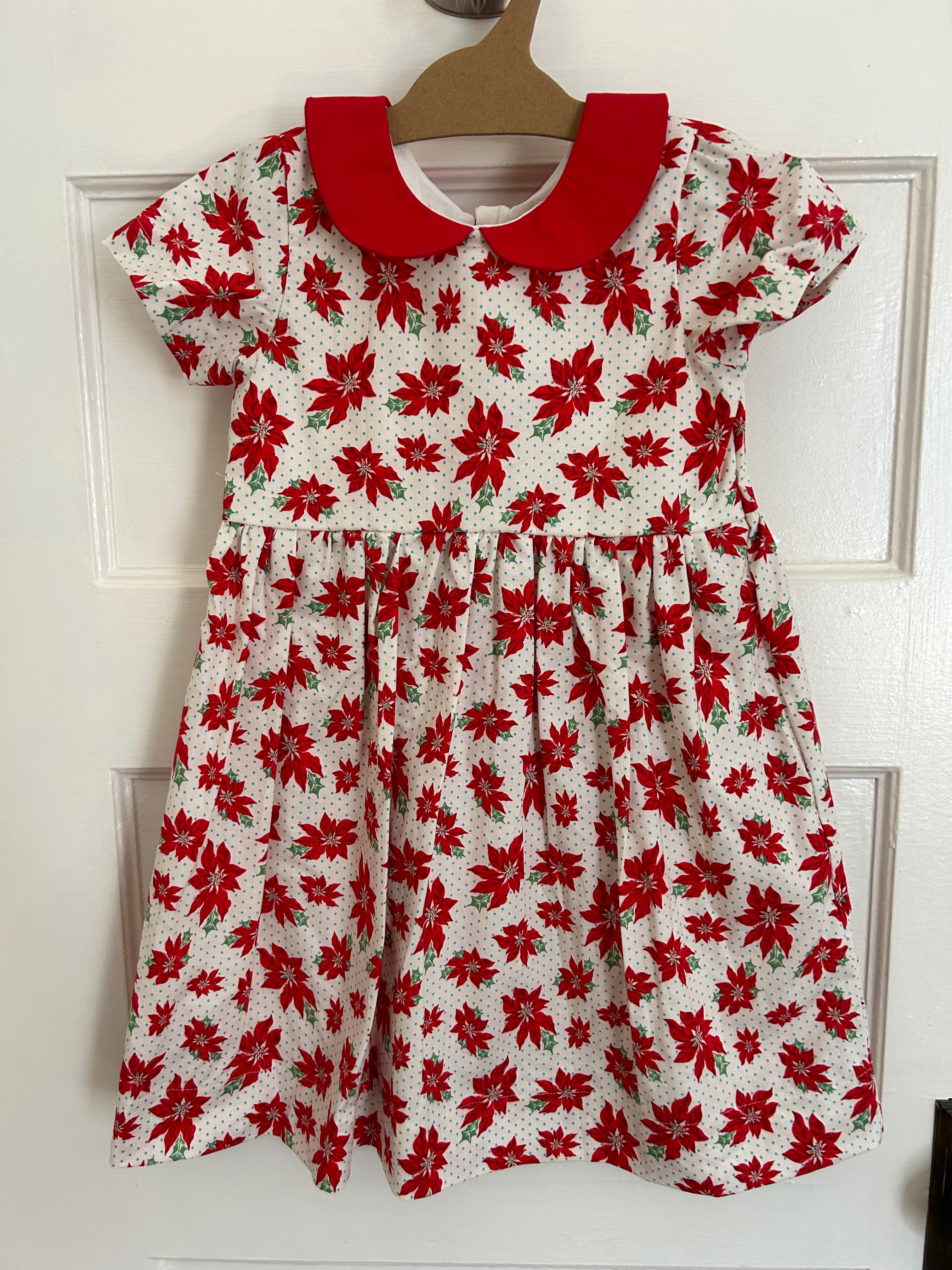 Red Poinsettia Dress with Light Blue Polka Dots (NEW) Size 7/8 - ready to ship