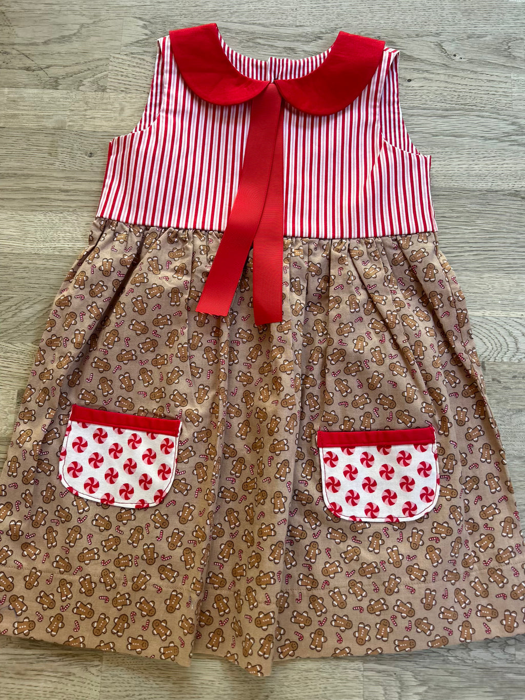 Gingerbread Dress with Red Striped Bodice, Contrasting Red Peter Pan Collar - 2t Ready to Ship
