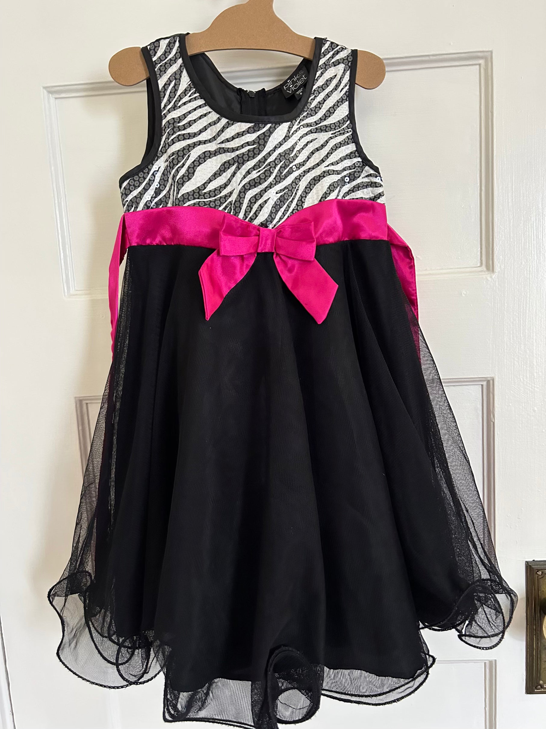 Black Sequin Dress with Hot Pink Sash (Pre-Loved) Size 6 - PInk & Violet
