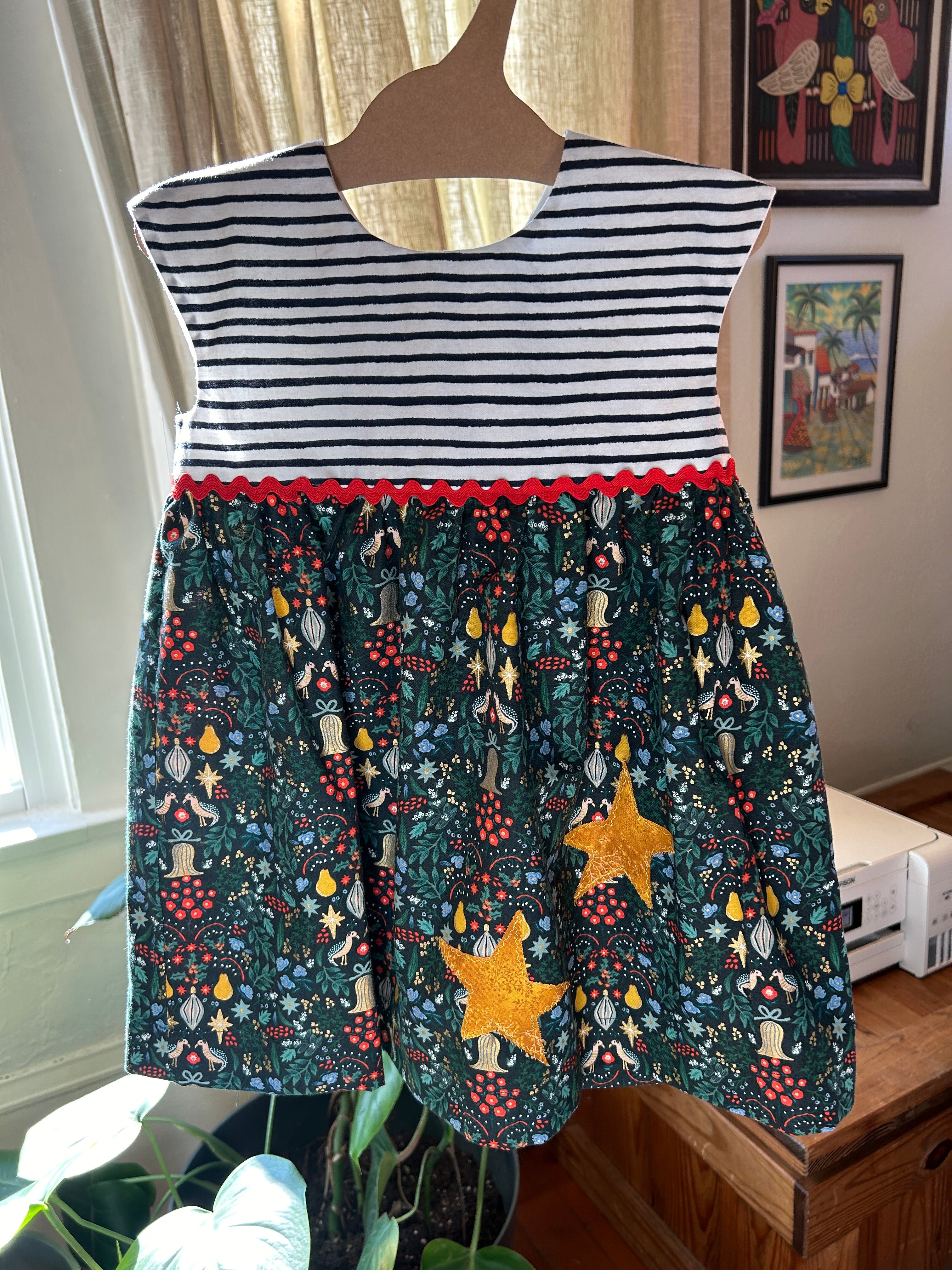 Handmade Holiday Dress – Size 2T | Woodland Christmas Dress | Striped Bodice + Festive Skirt