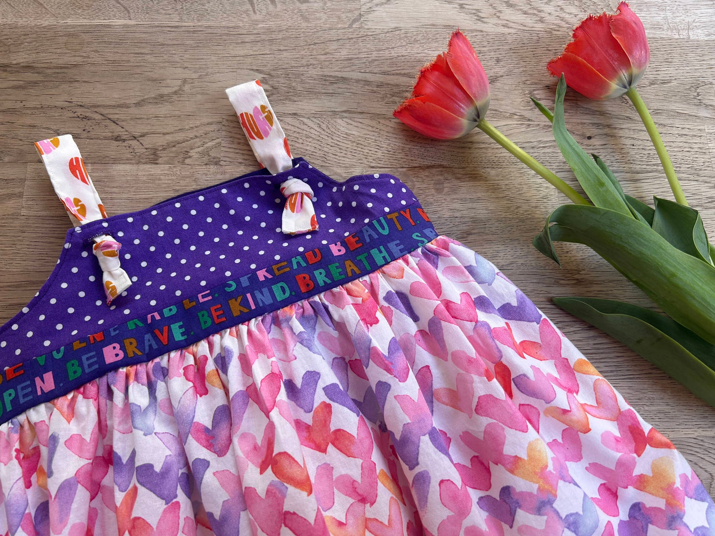 Be Kind. Be Brave. Purple Hearts Tie Dress (SAMPLE) Size 3t