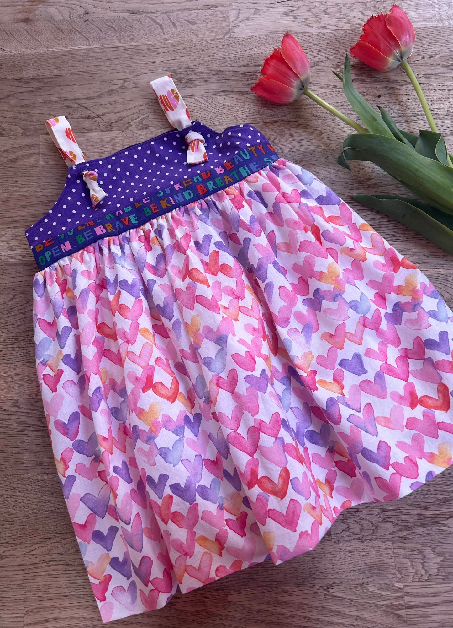 Be Kind. Be Brave. Purple Hearts Tie Dress (SAMPLE) Size 3t