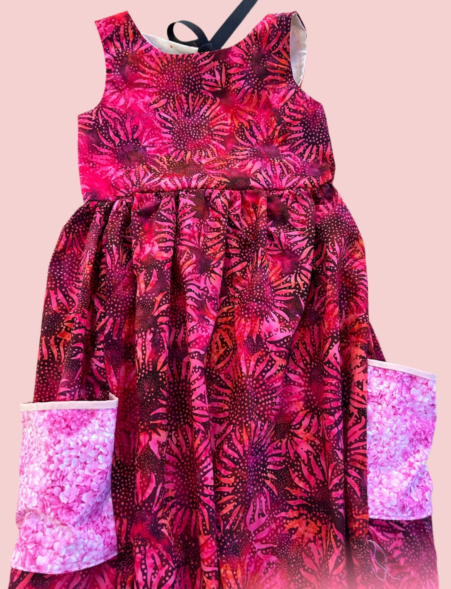 Red Batik Sunflowers Dress with Pink Pockets