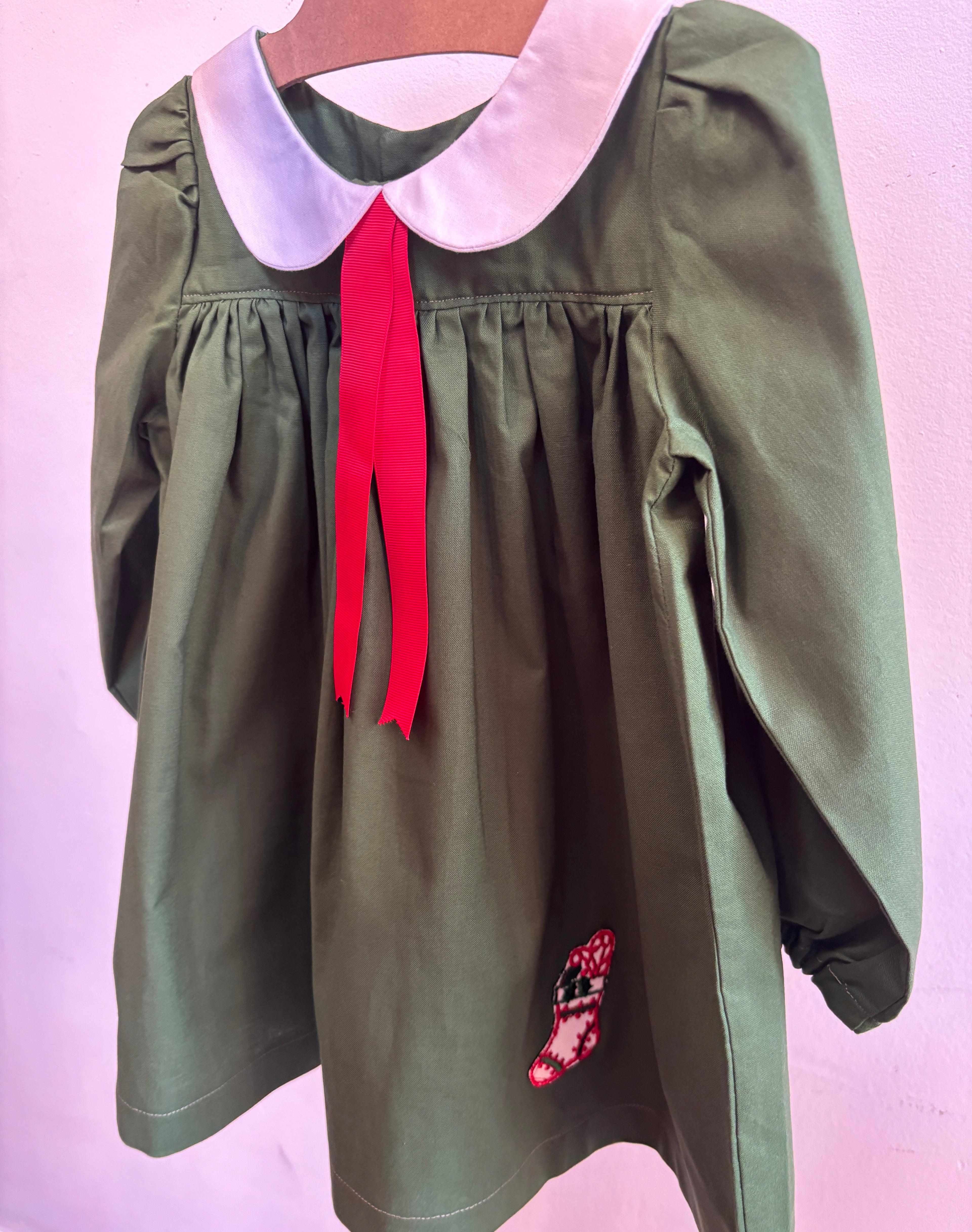 Little Green Dress with Vintage Applique | Size 3t