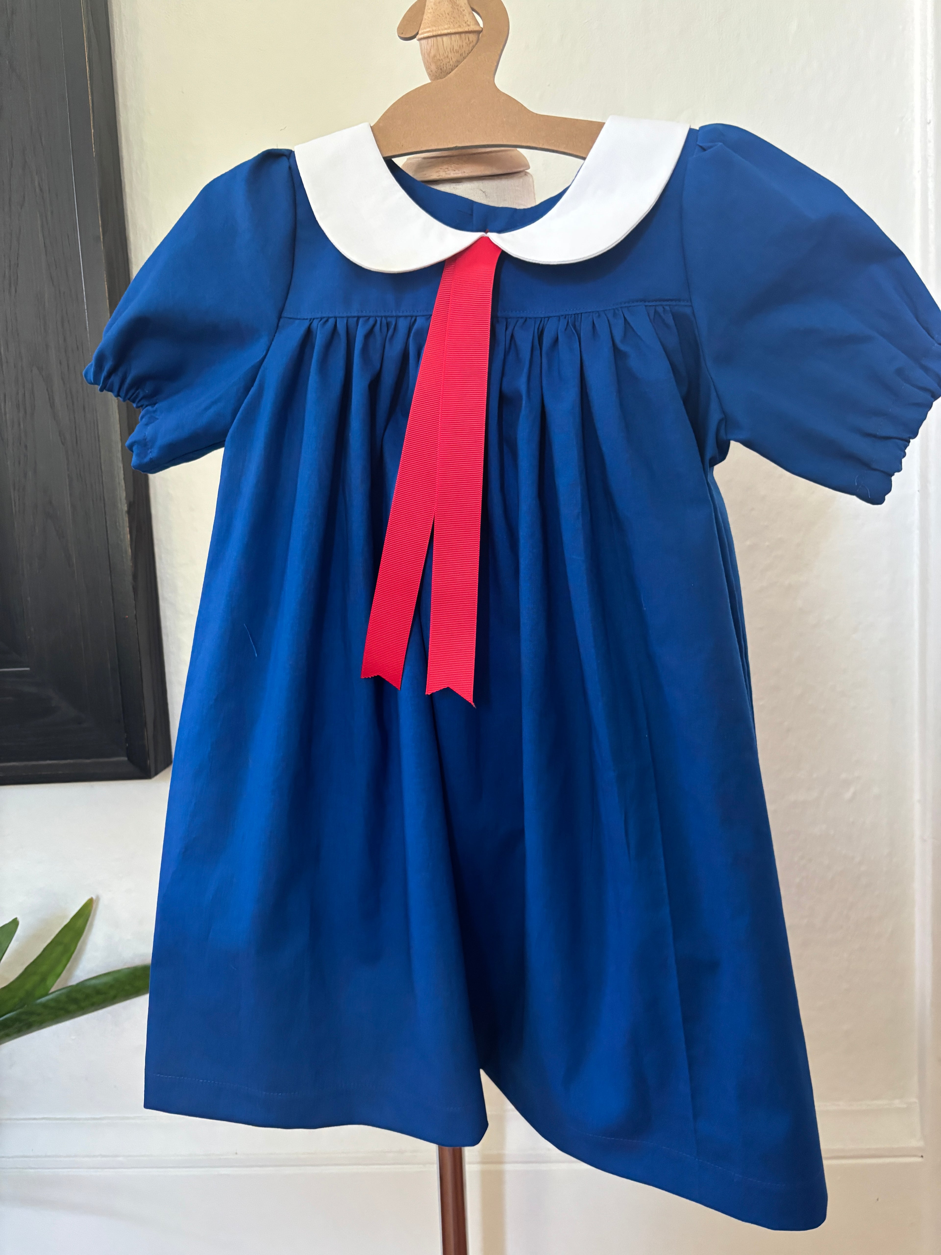 Blue dress with a red ribbon on a hanger against a white wall