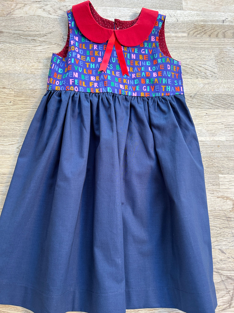 Blue Positive Affirmations Dress with Red Peter Pan Collar