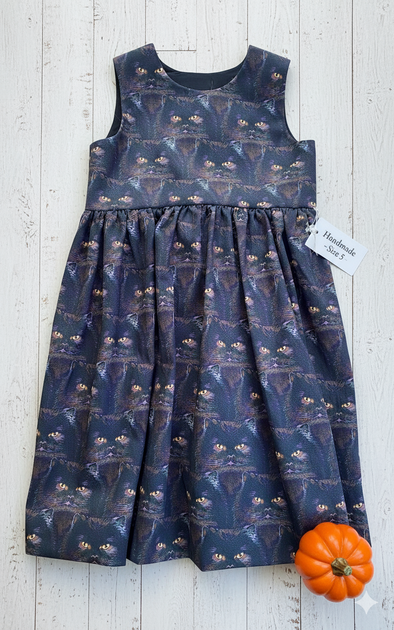 Children's dress with cat pattern on a wooden surface with a pumpkin