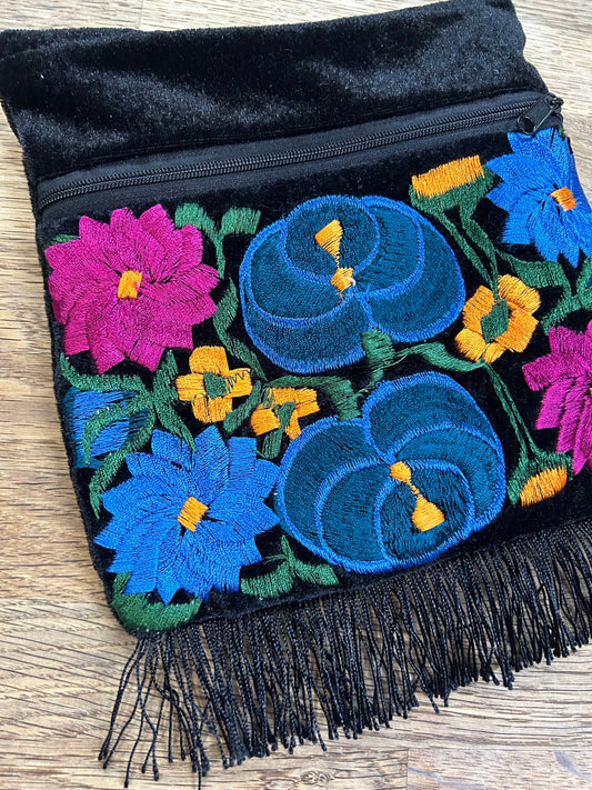 Embroidered Black Flower Purse with Fringe (Pre-Loved)