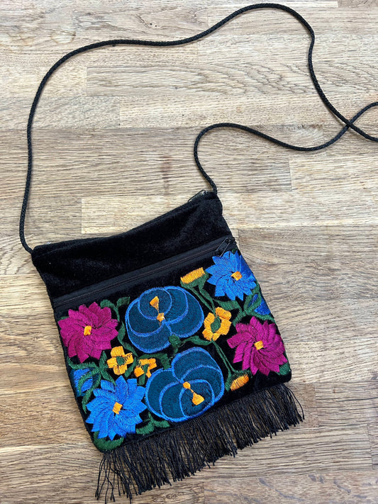 Embroidered Black Flower Purse with Fringe (Pre-Loved)