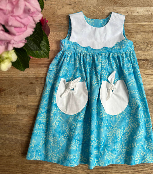 Blue Batik Dress with White Pockets (SAMPLE) Size 6
