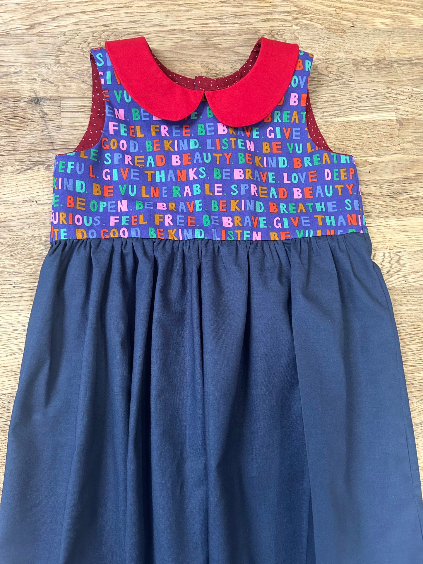 Be Kind. Be Brave. Give Thanks - Blue Dress with Red Peter Pan Collar
