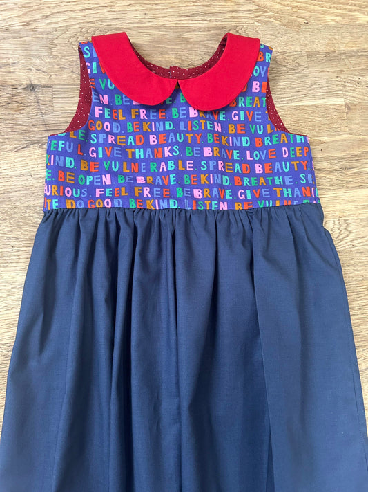 Be Kind. Be Brave. Give Thanks - Blue Dress with Red Peter Pan Collar (SAMPLE) Size 6
