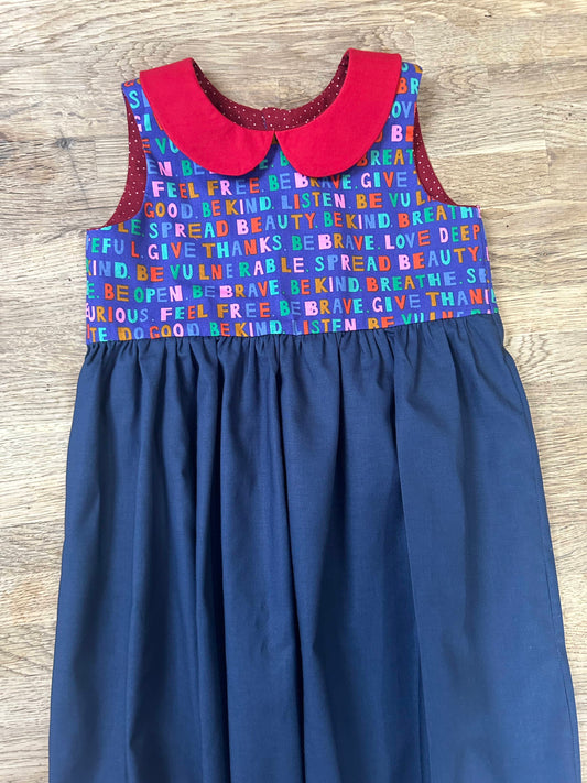 Be Kind. Be Brave. Give Thanks - Blue Dress with Red Peter Pan Collar (SAMPLE) Size 6