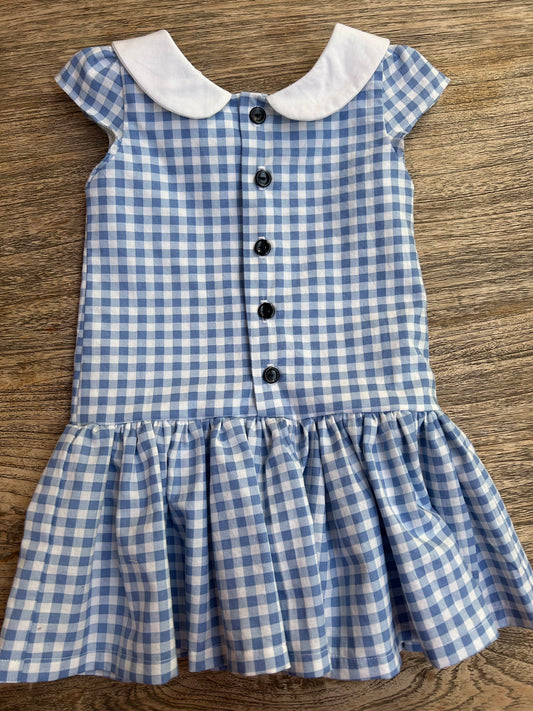 Blue Checked Dress with Side-Tie Collar (MADE TO ORDER)