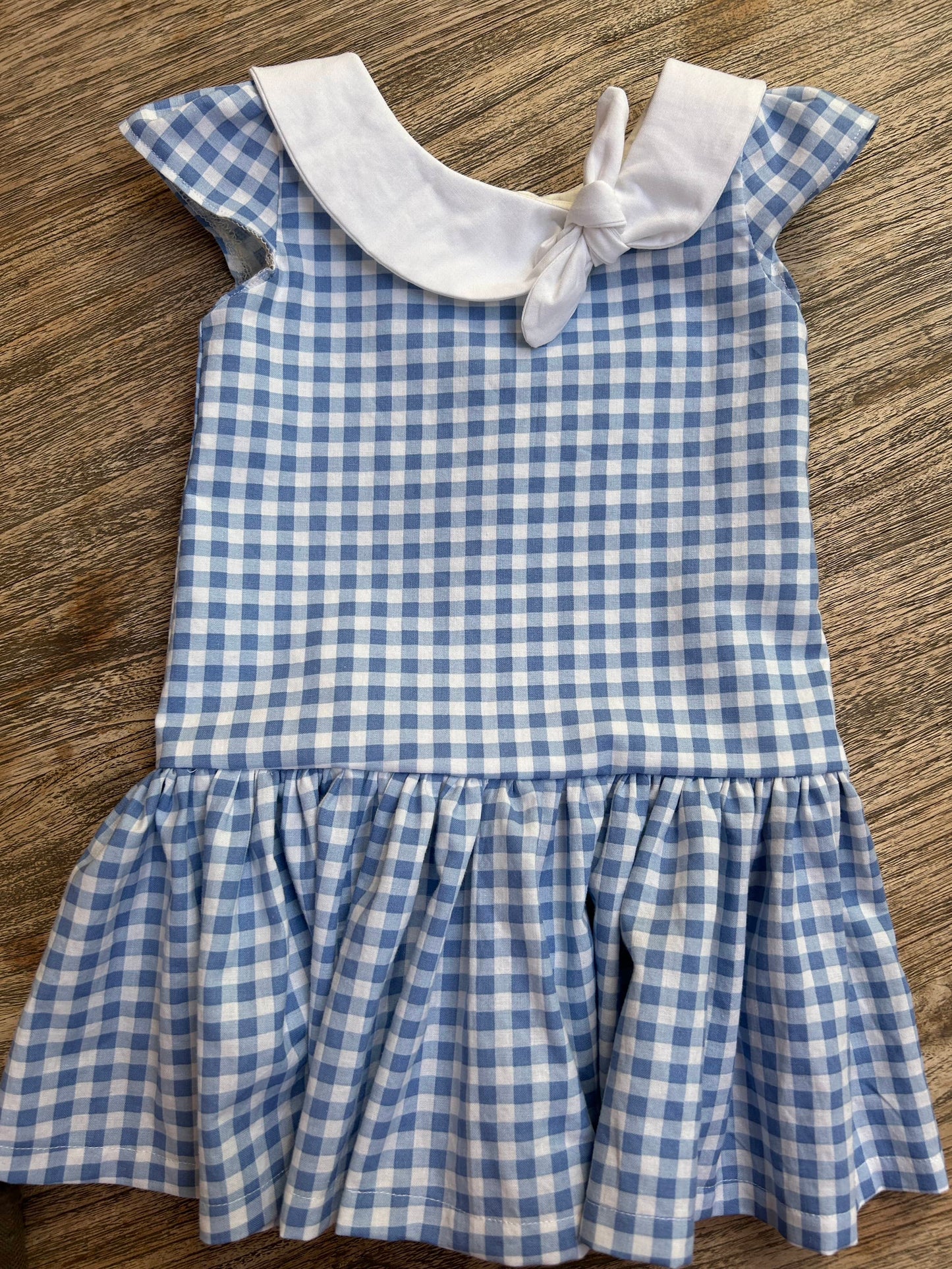 Blue Checked Dress with Side-Tie Collar (MADE TO ORDER)