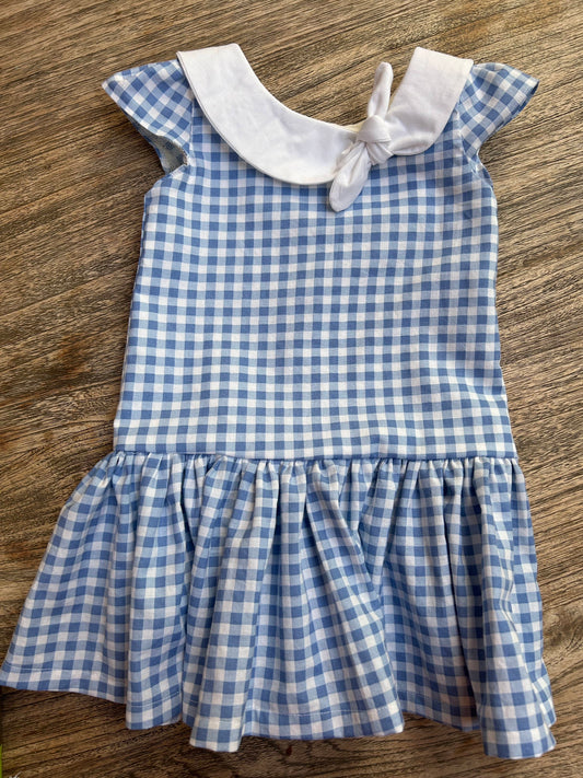 Blue Checked Dress with Side-Tie Collar (MADE TO ORDER)