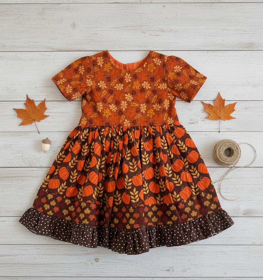 Orange and brown patterned dress on a wooden surface with leaves and twine.