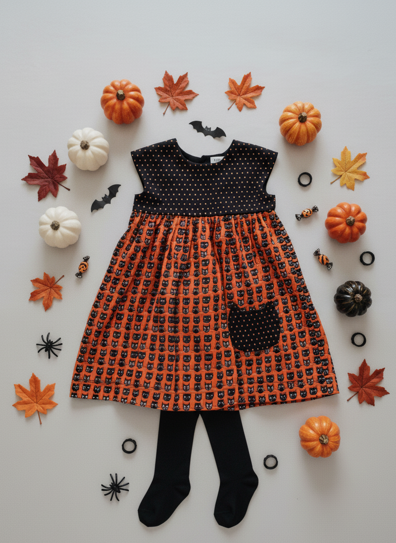 Halloween-themed dress with pumpkins and leaves on a light gray background