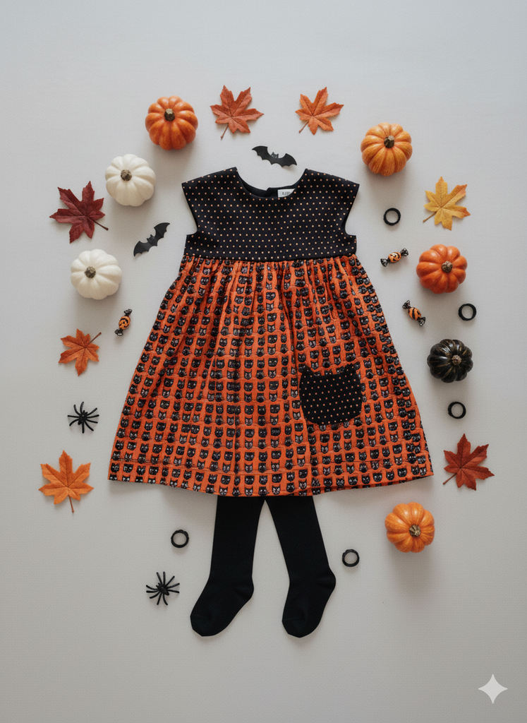 Halloween-themed dress with pumpkins and leaves on a light gray background
