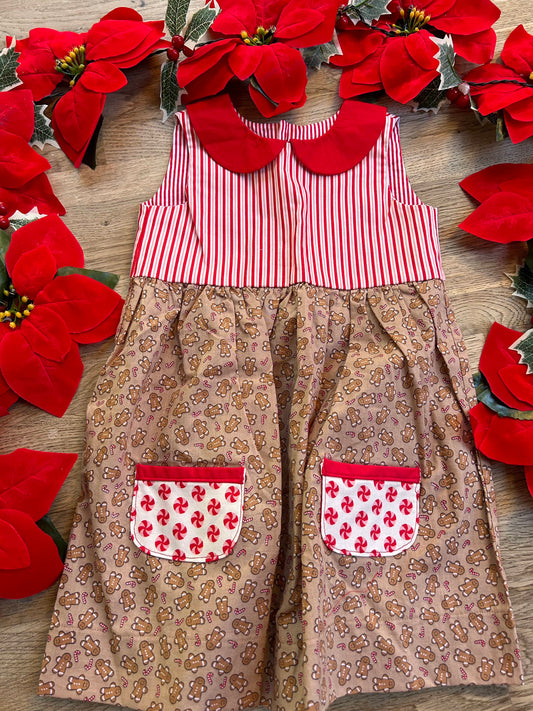 Gingerbread Dress with Red Striped Bodice, Contrasting Red Peter Pan Collar - 2t Ready to Ship