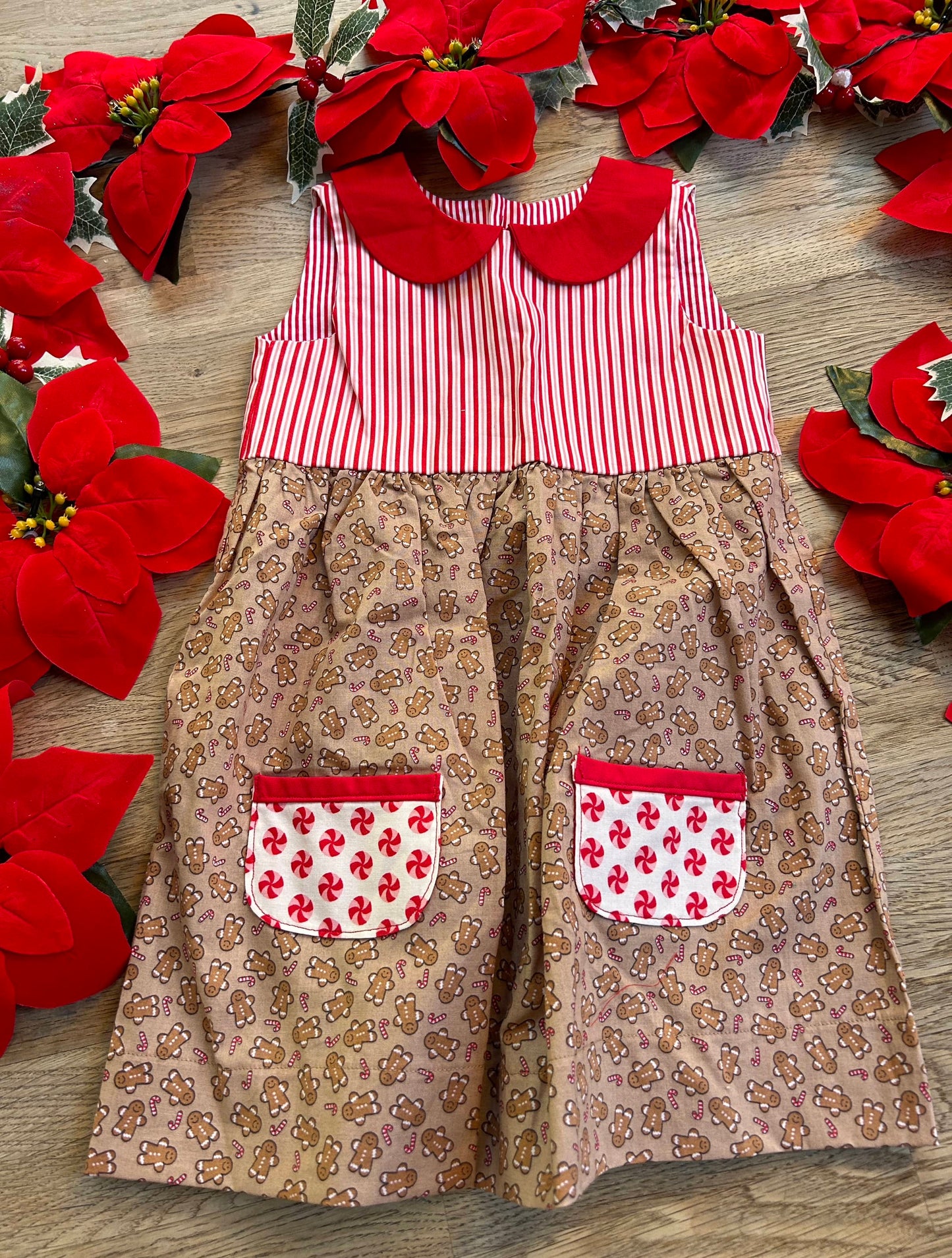 Gingerbread Dress with Red Striped Bodice, Contrasting Red Peter Pan Collar - 2t Ready to Ship