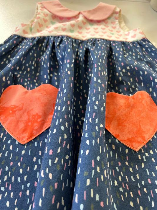 Vintage Style, Pink & Blue Hearts Dress with Peter Pan Collar - Ready to Ship - Size 2t