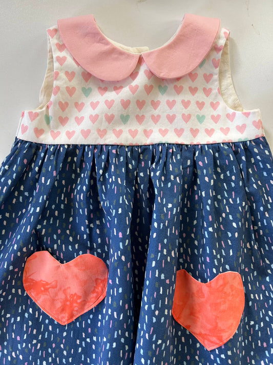 Vintage Style, Pink & Blue Hearts Dress with Peter Pan Collar - Ready to Ship - Size 2t