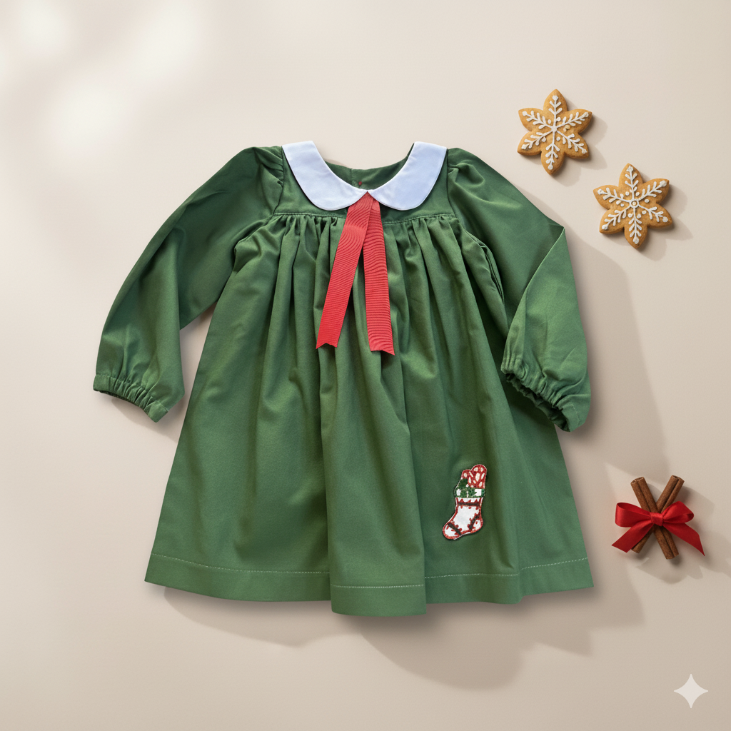 Green dress with red bow and Christmas-themed details on a beige background