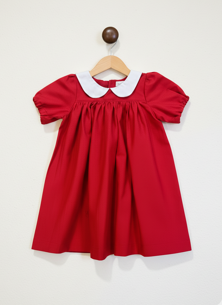Red dress with white collar on a wooden hanger against a white background