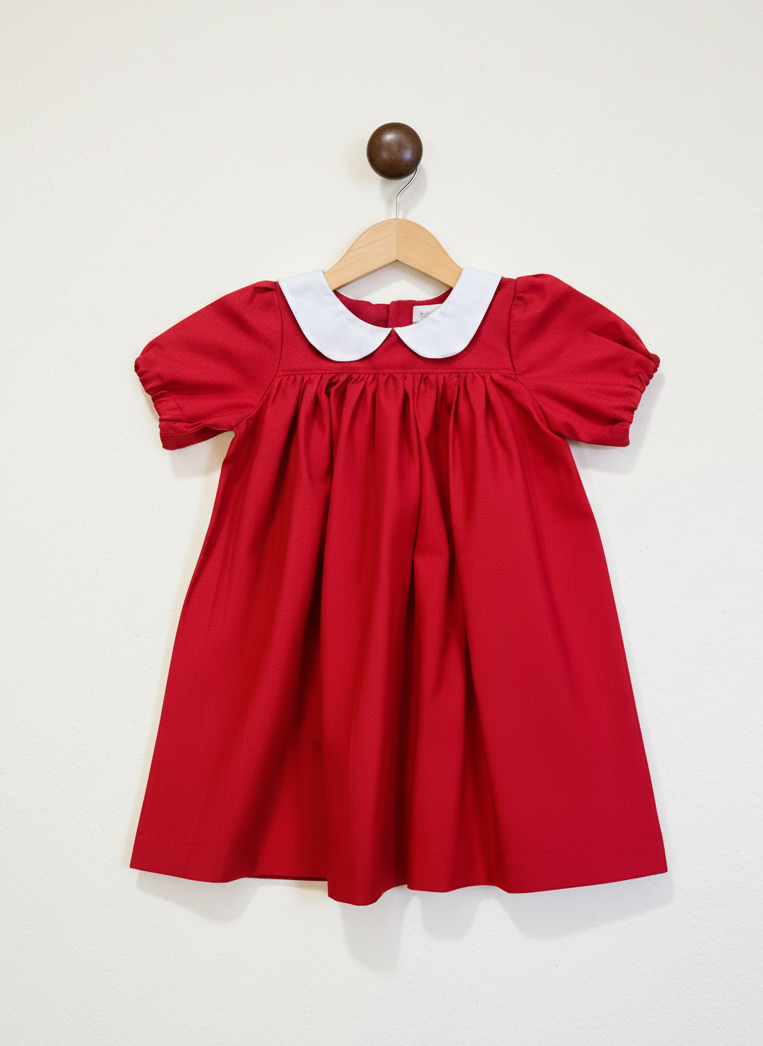 Red dress with white collar on a wooden hanger against a white background