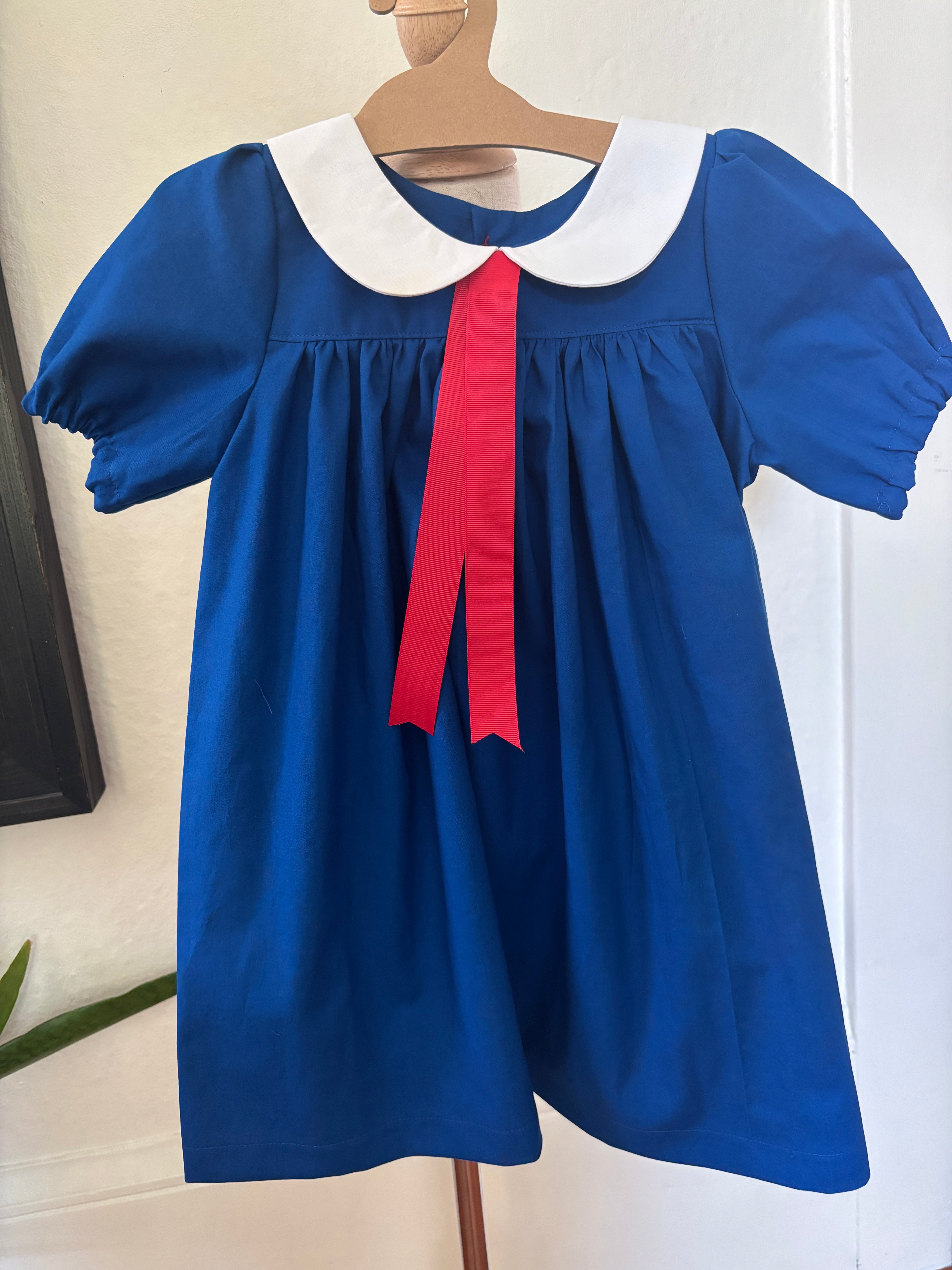 Blue dress with a red ribbon on a white background
