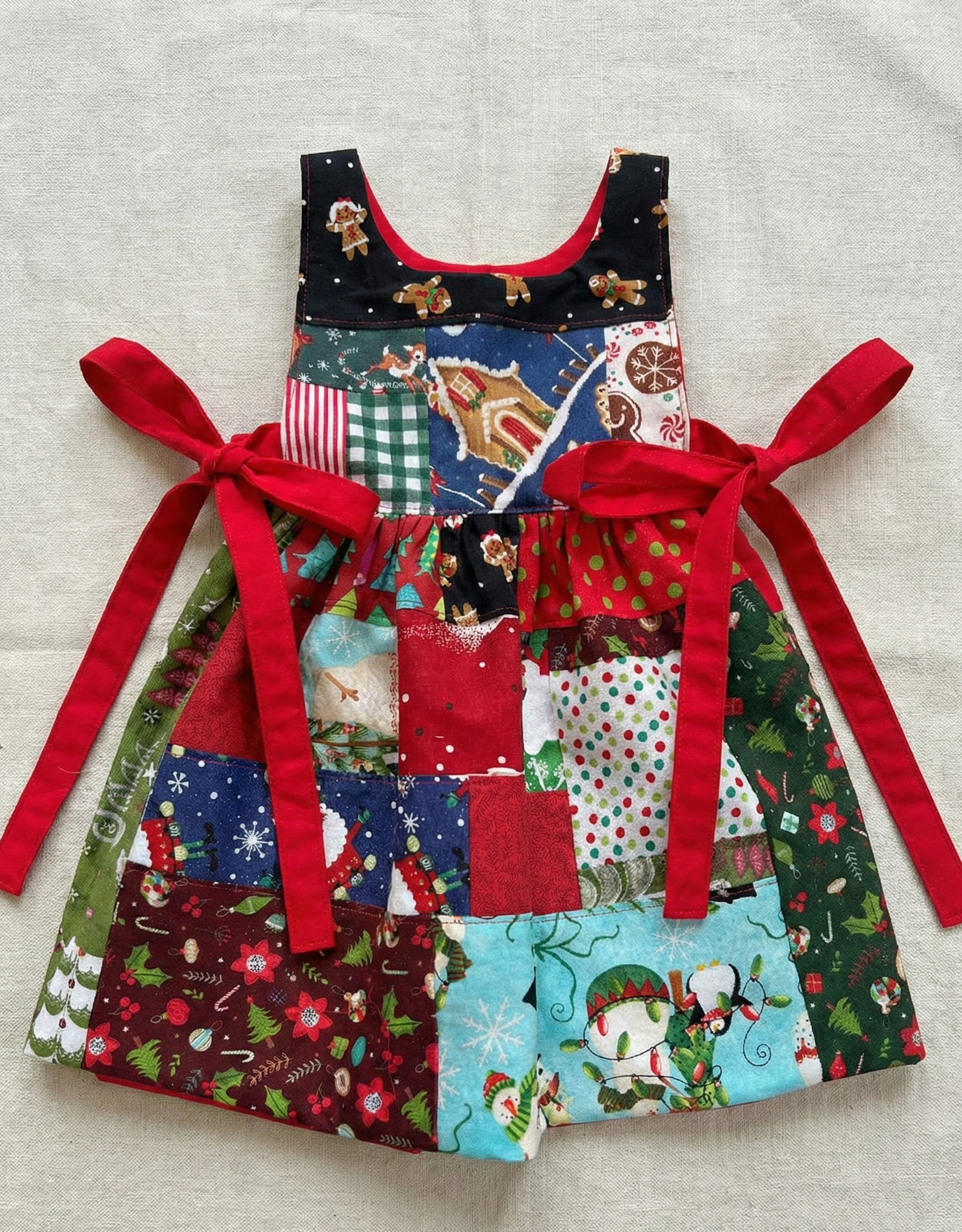 Colorful patchwork dress with red ribbons on a light gray background