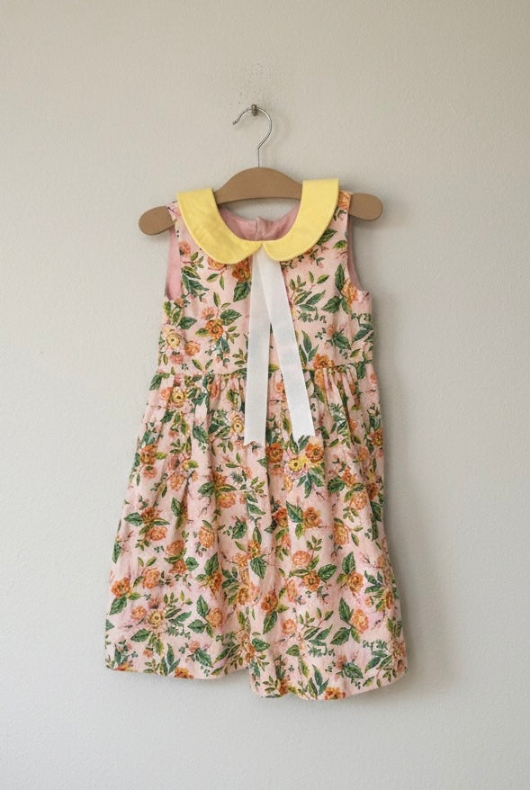 Pink Floral Dress with Yellow Peter Pan Collar | Size 4t