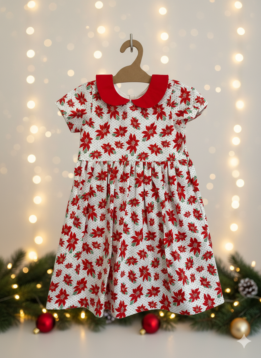 Red Poinsettia Dress with Light Blue Polka Dots (NEW) Size 7/8 - ready to ship