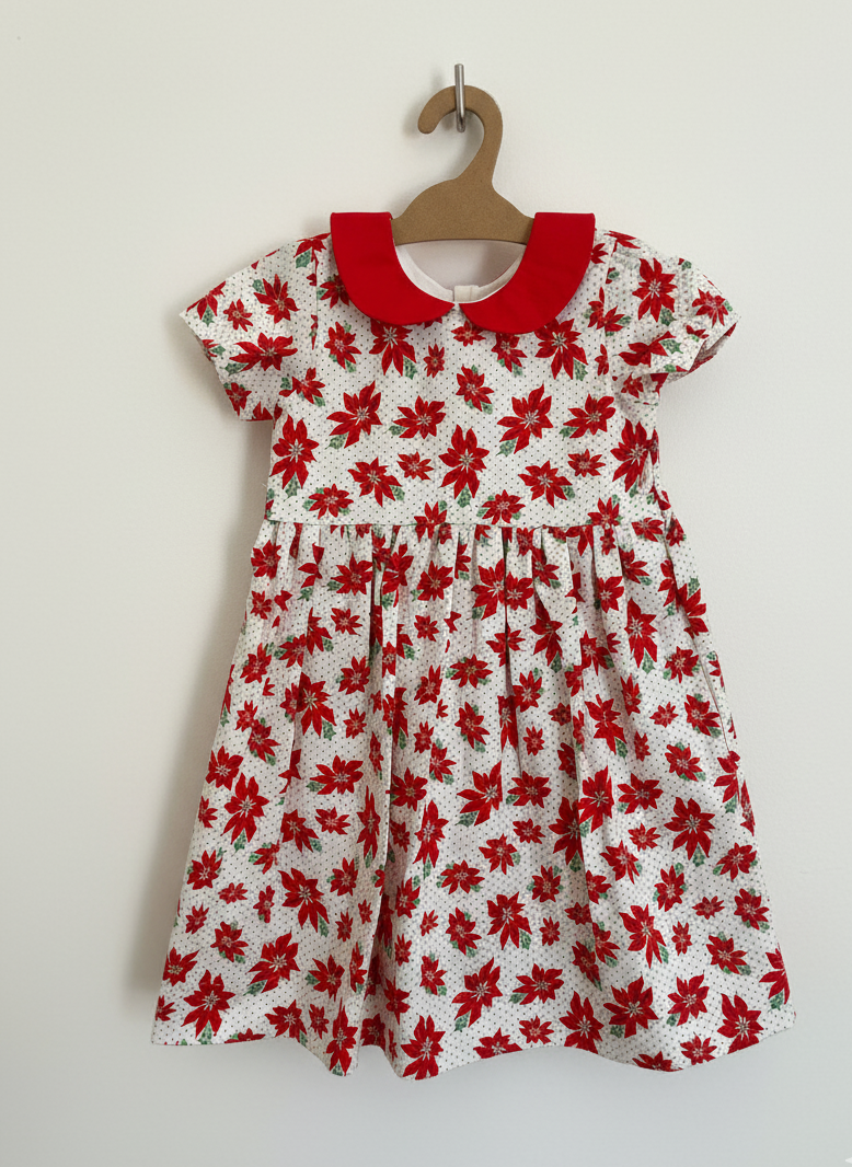 Red and white floral dress with a red collar on a hanger against a white background