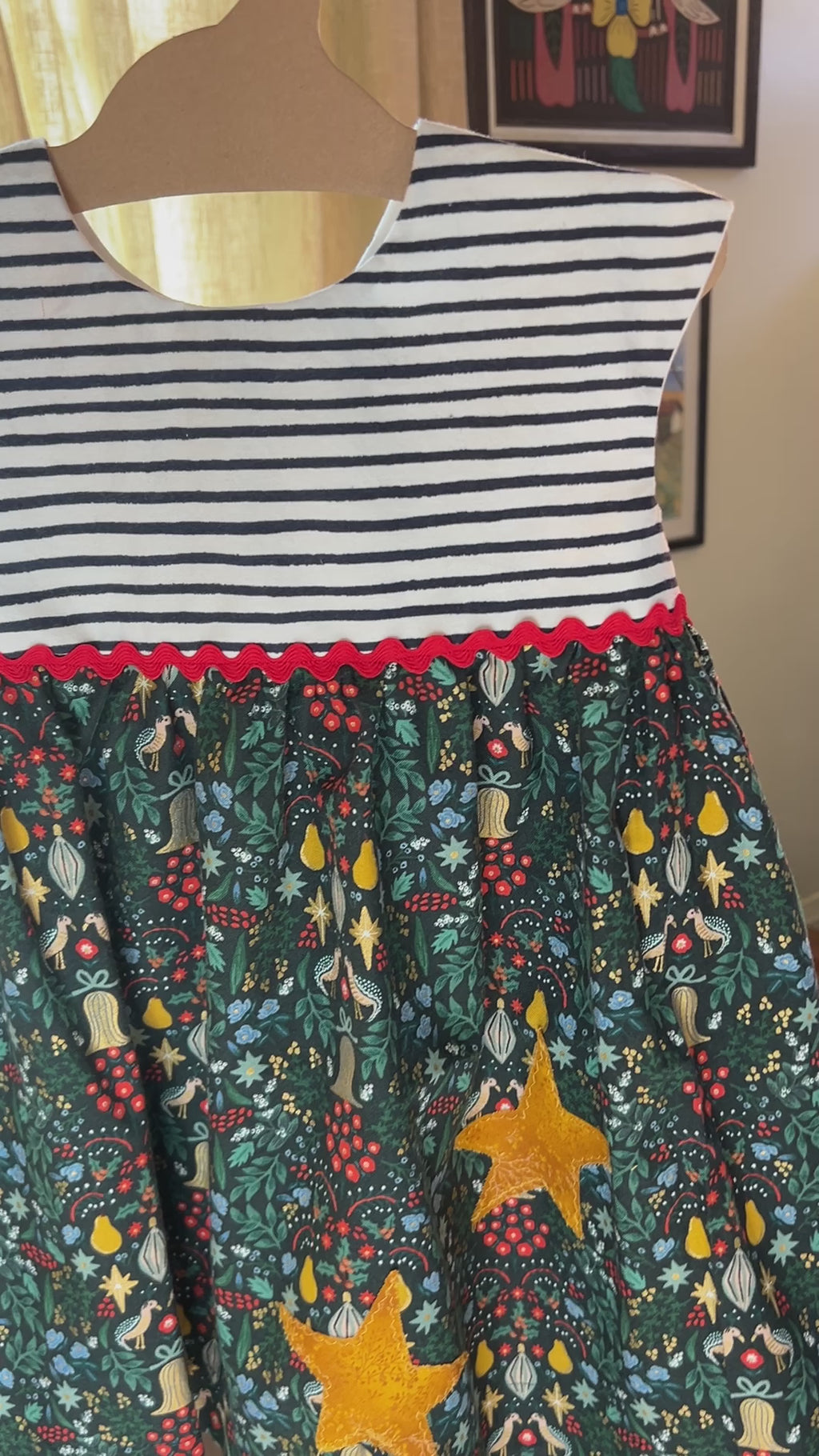 Handmade Holiday Dress – Size 2T | Woodland Christmas Dress | Striped Bodice + Festive Skirt