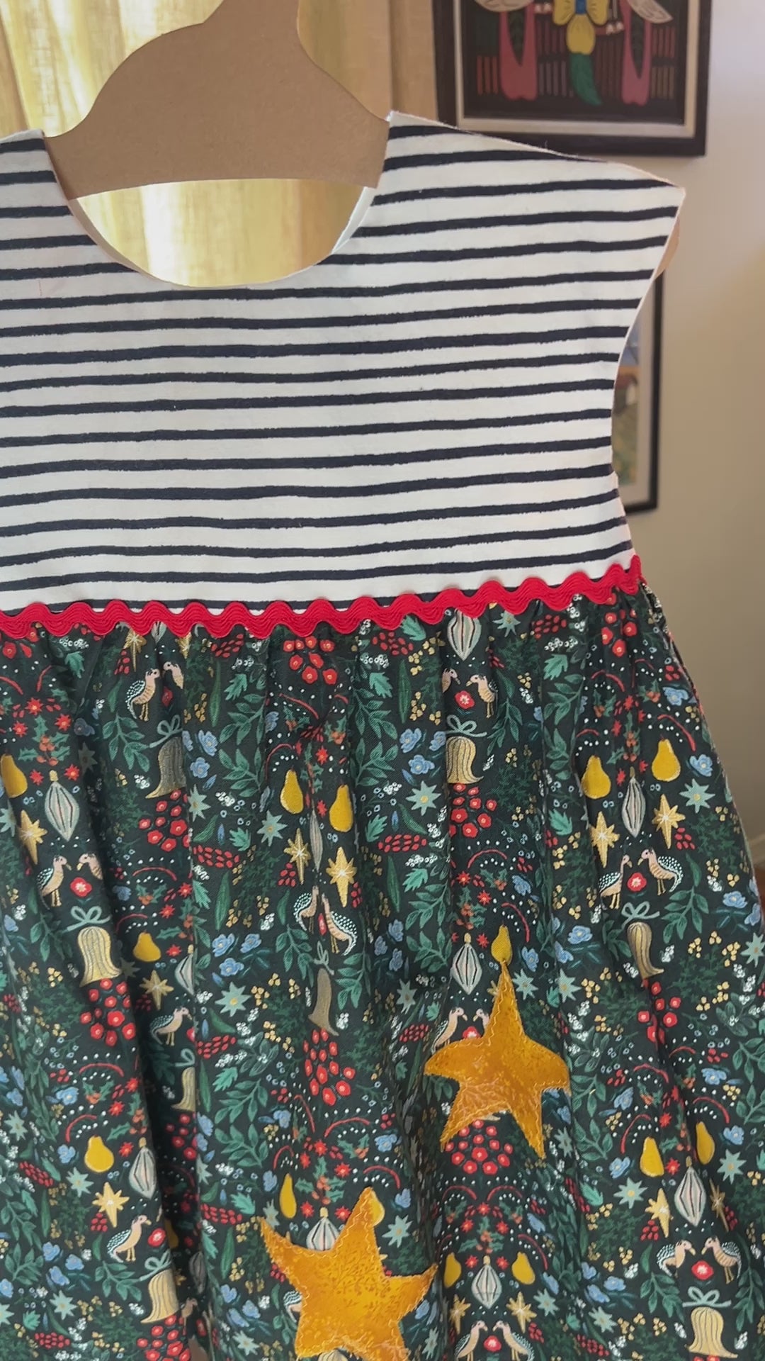 Handmade Holiday Dress – Size 2T | Woodland Christmas Dress | Striped Bodice + Festive Skirt