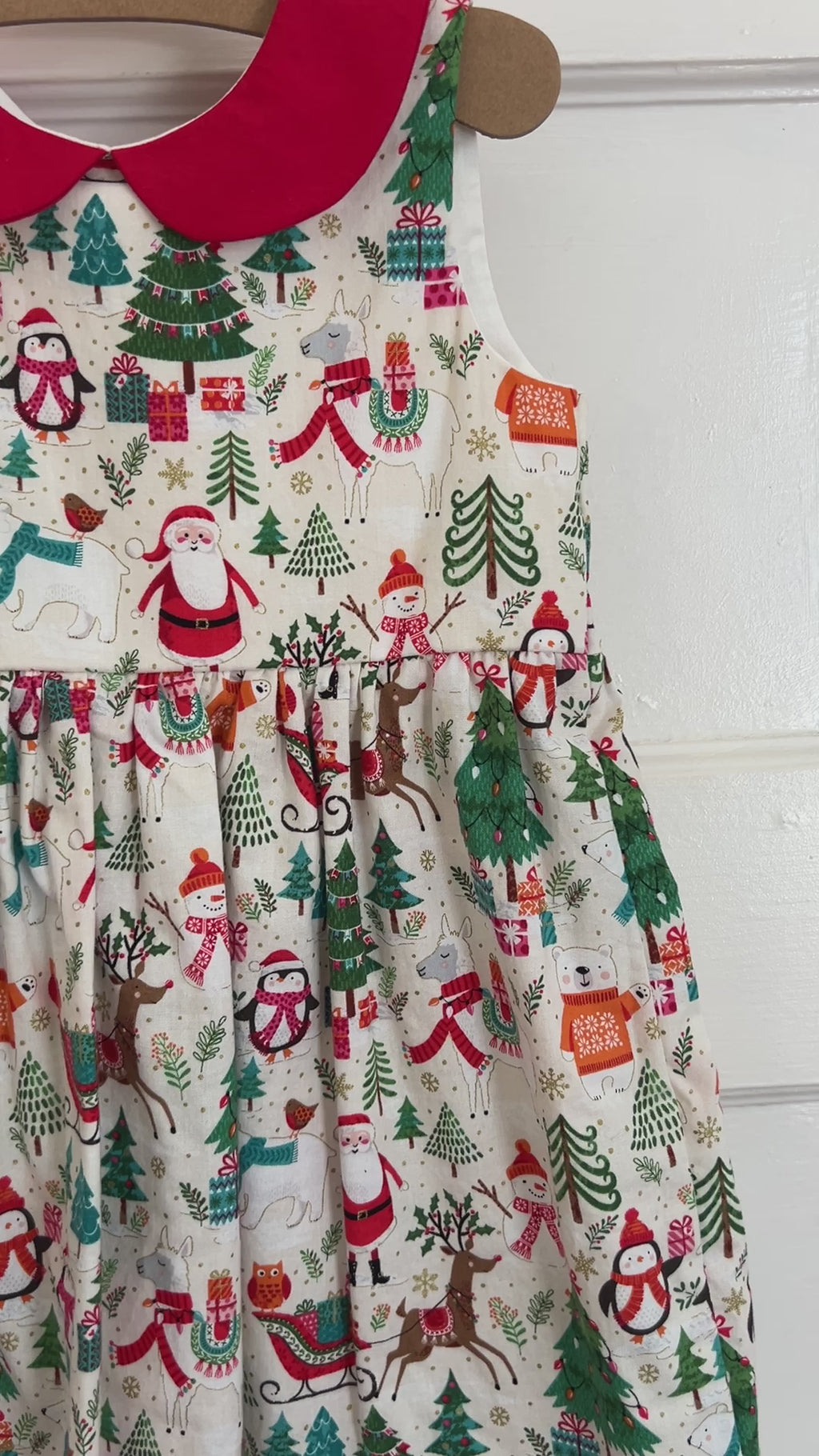 Festive Christmas Holiday Dress for Girls - Santa, Reindeer & Winter Friends Print with Red Collar | Size 4t