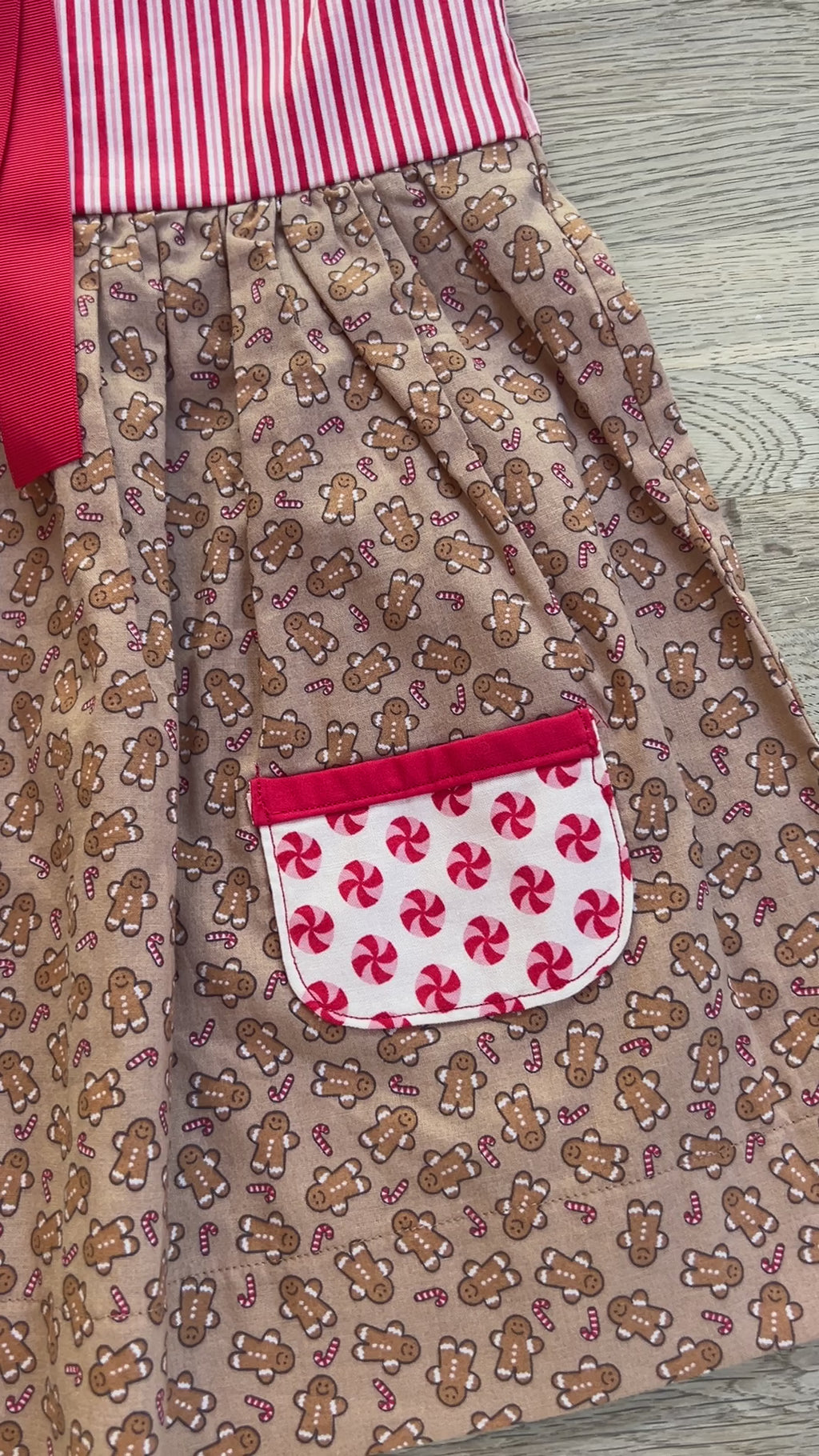 Gingerbread Dress with Red Striped Bodice, Contrasting Red Peter Pan Collar - 2t Ready to Ship