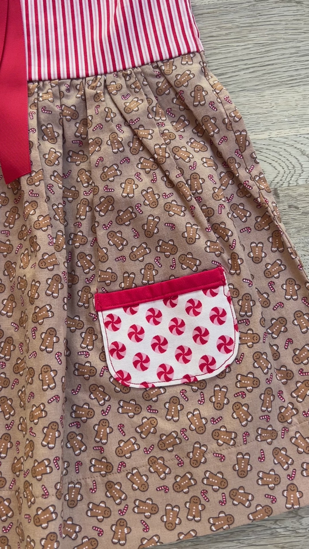 Gingerbread Dress with Red Striped Bodice, Contrasting Red Peter Pan Collar - 2t Ready to Ship