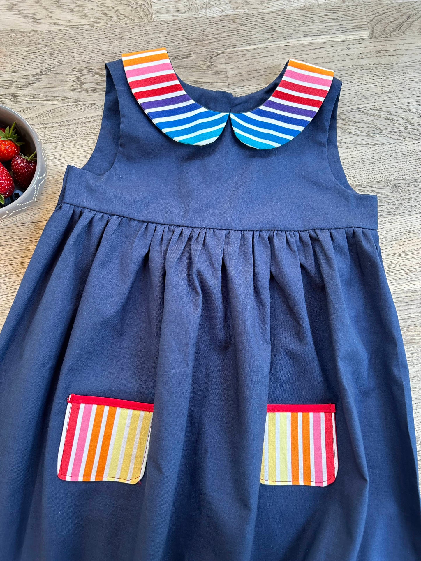 Blue Rainbow Dress with Peter Pan Collar and Rainbow Pockets (MADE TO ORDER)
