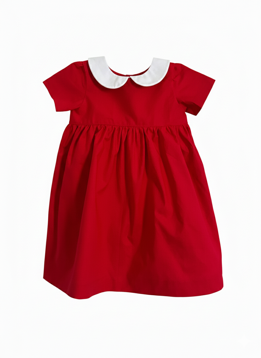 Red dress with white collar on a white background