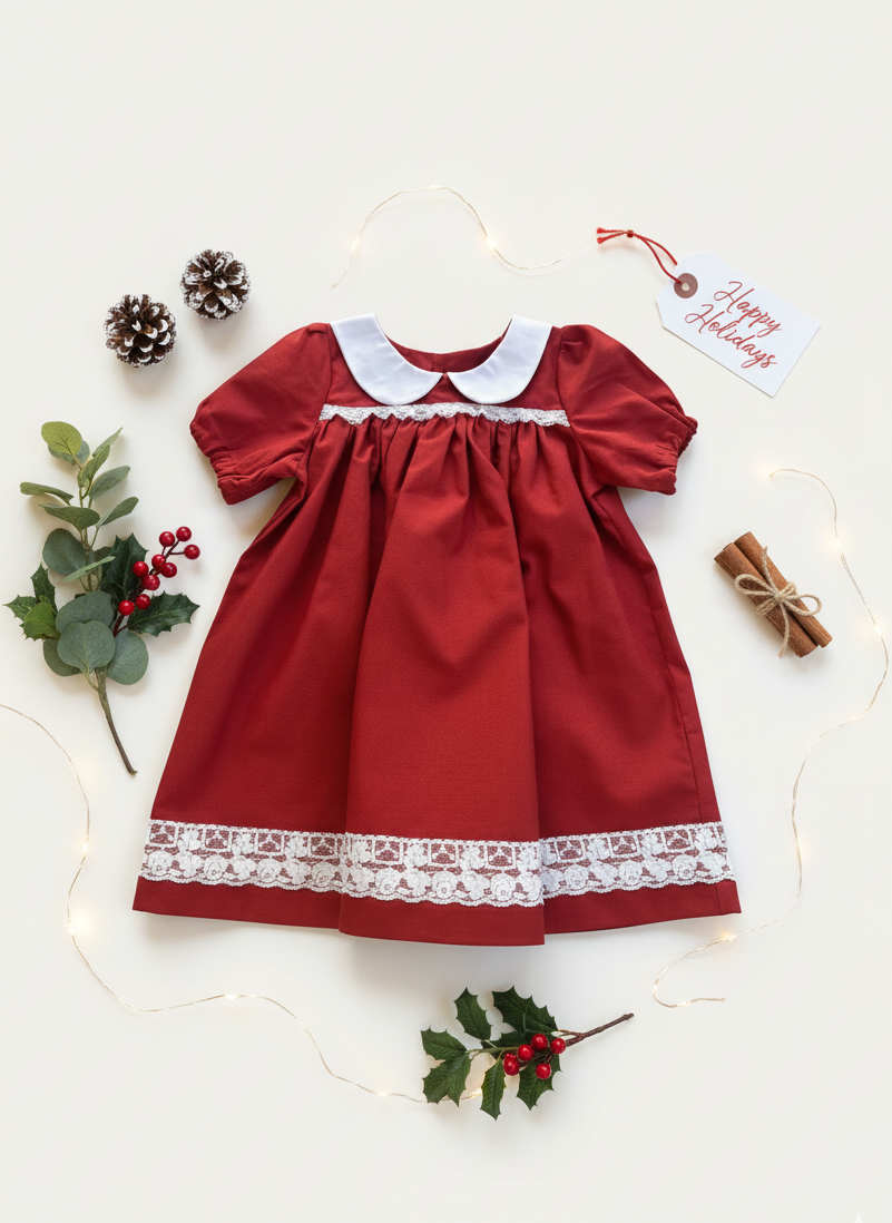 Red dress with white lace trim on a white background with Christmas decorations.