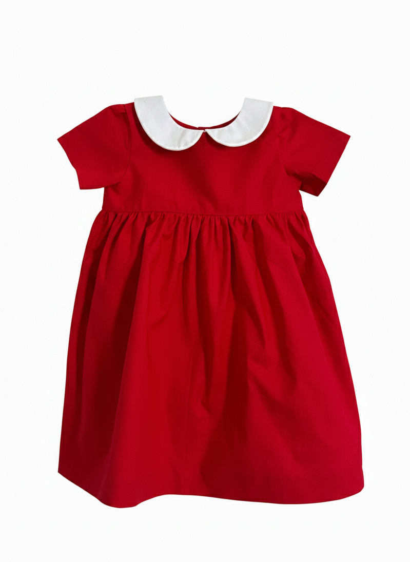 Red dress with white collar on a white background