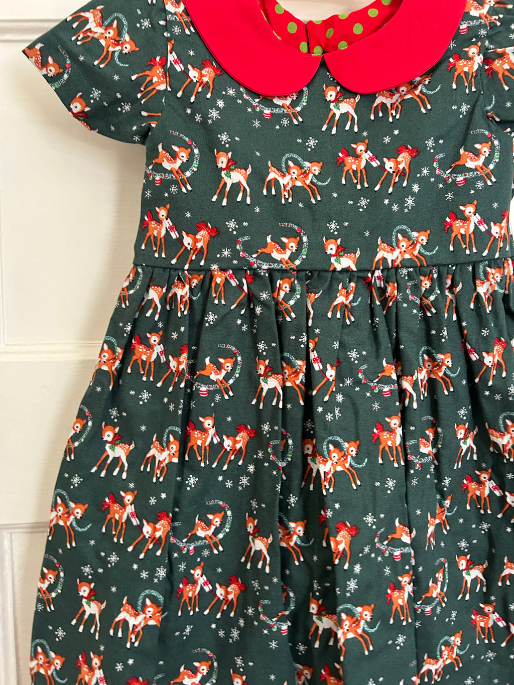 Green Reindeer Dress with Red Peter Pan Collar - Size 3t - Sample