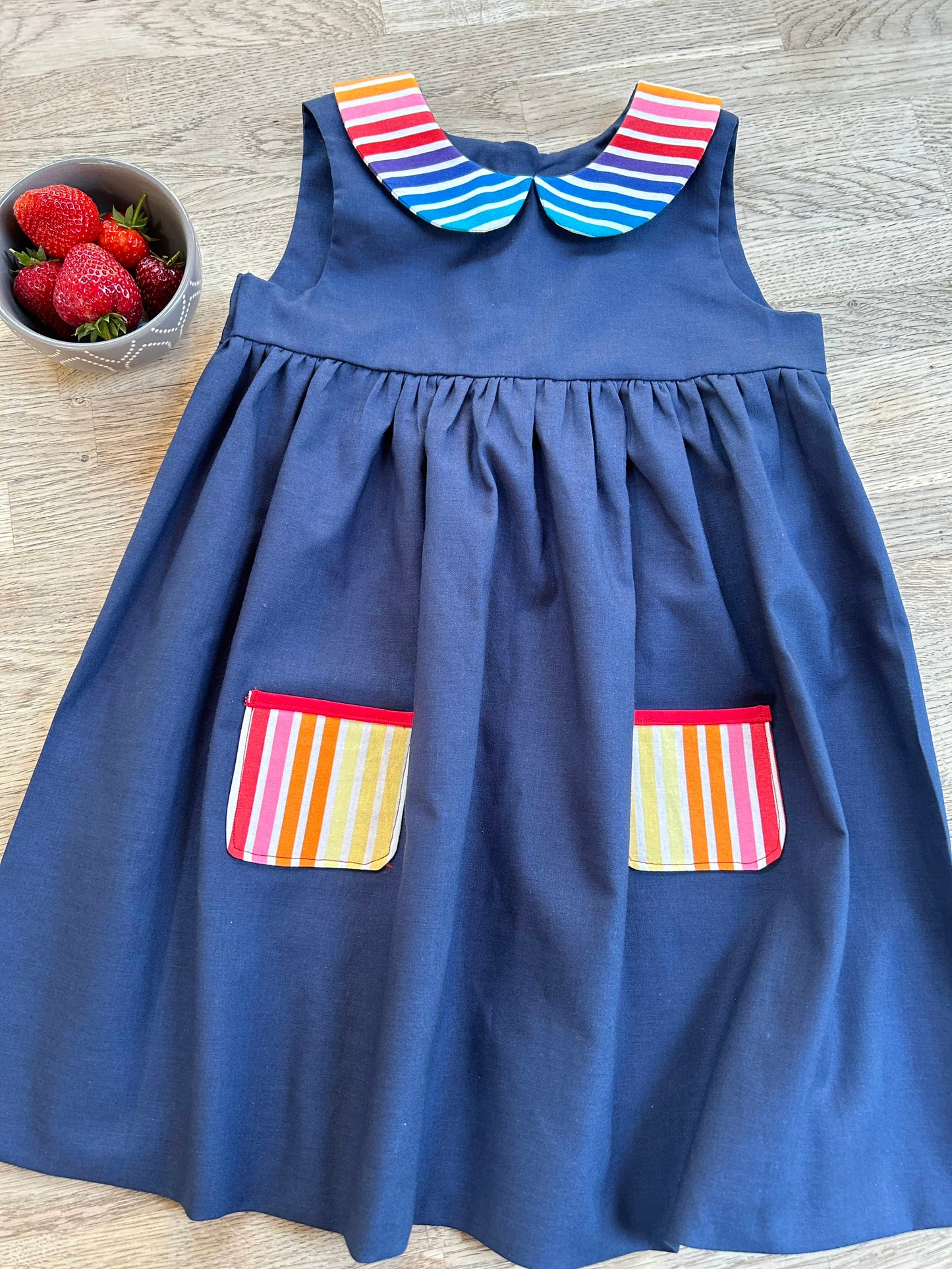 Blue Rainbow Dress with Peter Pan Collar and Rainbow Pockets (MADE TO ORDER)